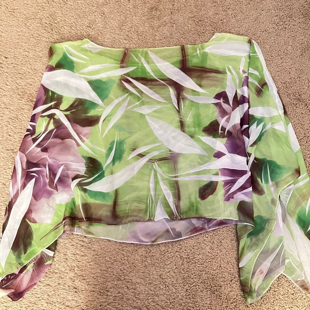 Y2K Floral Sheer Blouse with Green and Purple